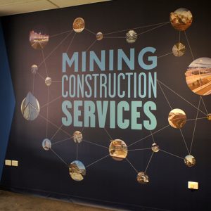 Wall treatments - wall paper, cut out lettering, 3D letters, shapes, reception signage