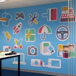 Wall treatments - wall paper, cut out lettering, 3D letters, shapes, reception signage