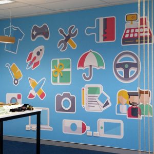 Wall treatments - wall paper, cut out lettering, 3D letters, shapes, reception signage