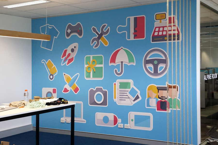 Wall treatments - wall paper, cut out lettering, 3D letters, shapes, reception signage